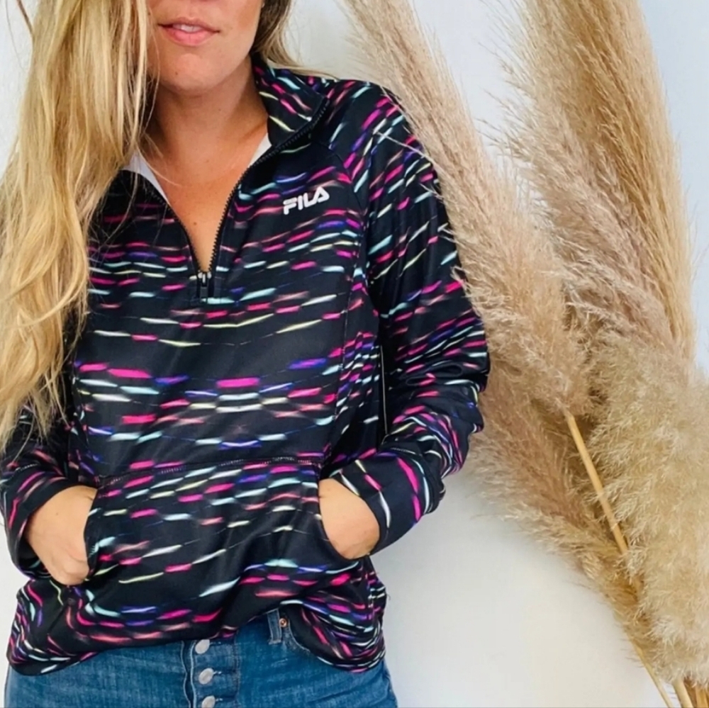 Fila Black Multi-Colored Striped Half Zip Pullover Jacket Size M